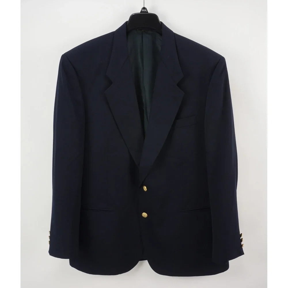 Vintage Givenchy Gold Button Navy Blue Wool Wide‎ Lapel Sport Coat Men's 46R